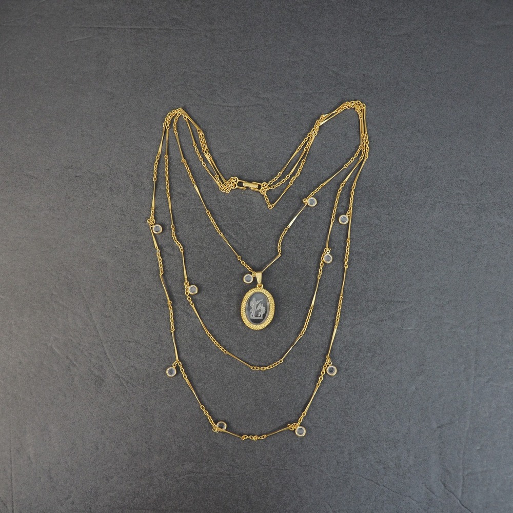 Goldette NY Necklace Triple Strand Clear Bezel Intaglio Pendant Gold Tone MCM - Picture 10 of 10